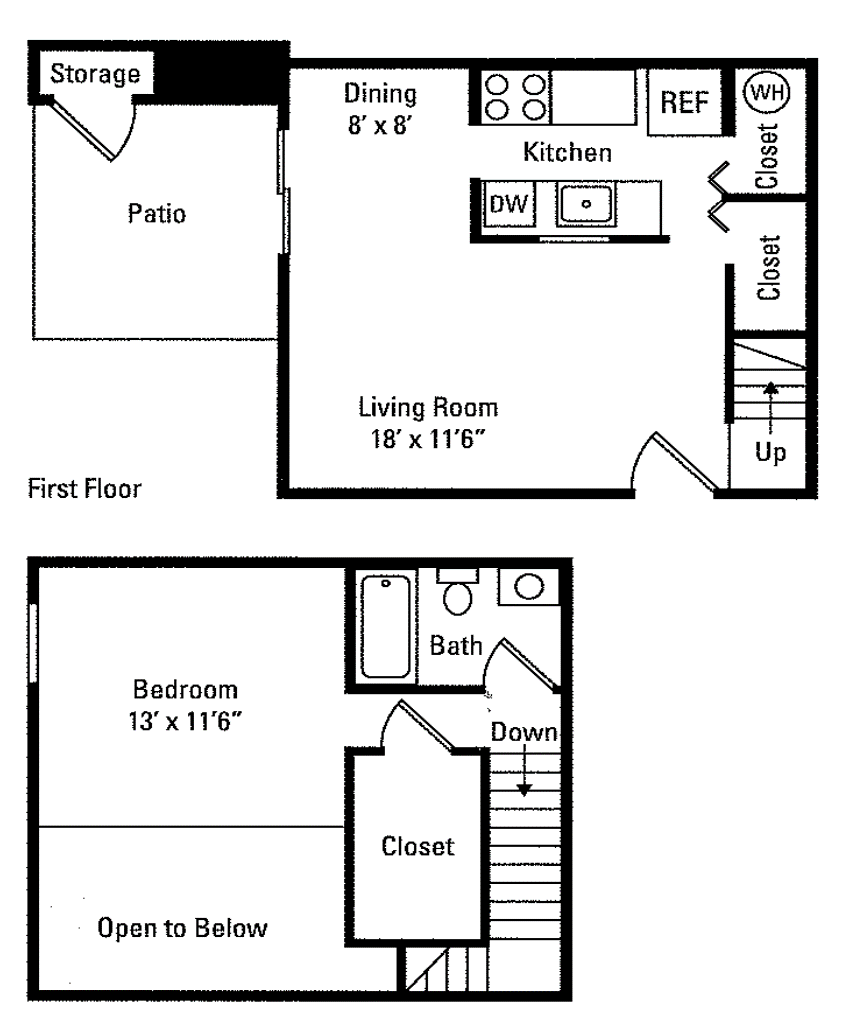 Floor plan for 1 bed, 1 bath, 700 sqft